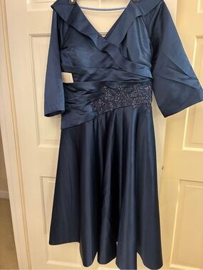 Navy Satin Midi Dress with Floral Appliqué